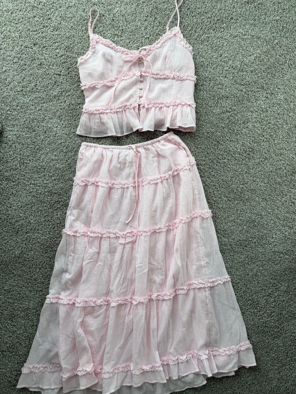 Mustard Seed Light Pink Ruffled Crop Top & Tiered Maxi Skirt Set